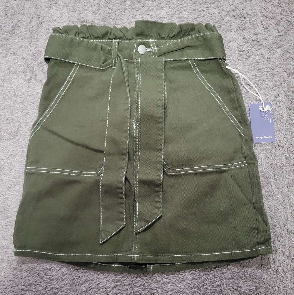 Olive Green Utility Mini Skirt with Tie Belt